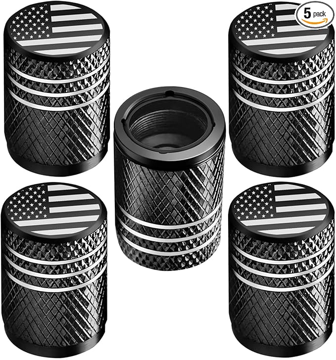 Tire Valve Stem Caps for Car Tire Cap 5 Pack Corrosion Resistant Leak-Proof Premium Alloy American Flag Universal for Car Bike Truck Motorcycle Black