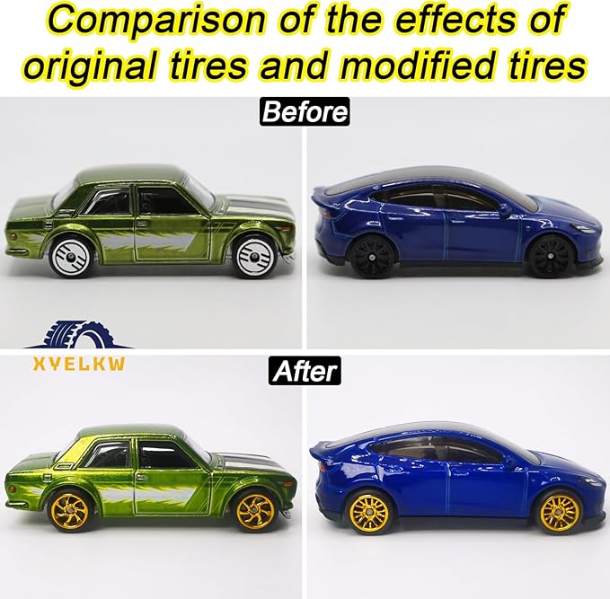 1/64 Wheels and Tires Set, 10-Pack 1 64 Scale Wheels with 10 for 1/64 Diecast Cars Upgraded and Modified Rubber Tires(Diameter 0.43in/11mm) (Gold Plated)