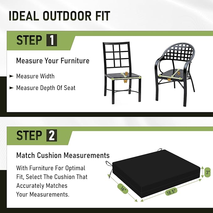 Basic Beyond Outdoor Chair Cushions Set of 2, Square Corner Outdoor Cushions for Patio Furniture, Water Resistant Patio Chair Cushions with 2 Ties, 18.5x16x3, Black
