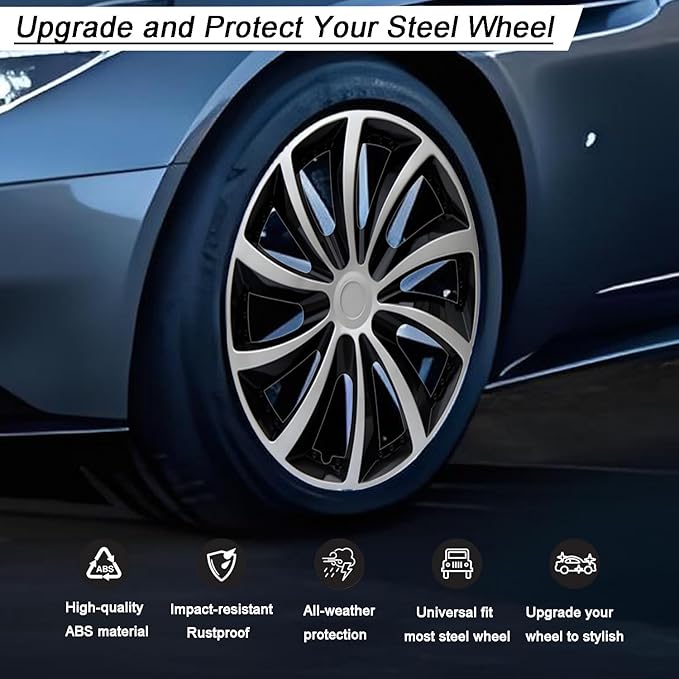 Hubcap Wheel Cover Replacement R16 Hub Caps Universal-Fit Steel Wheel Rim Cover ABS Material Exterior Accessories for Car Truck SUV -Set of 4（16-inch，Silver-Black）