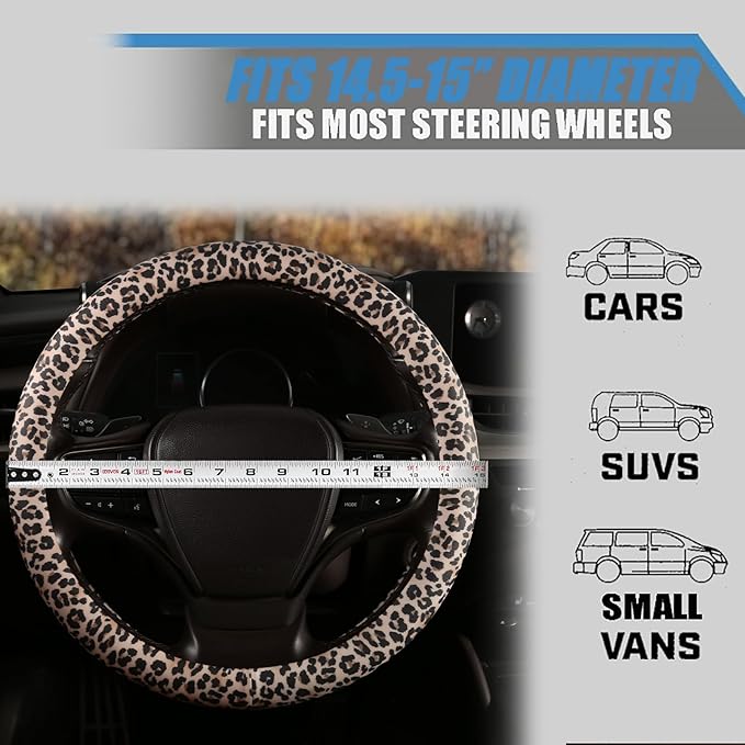 Leopard Print Steering Wheel Cover with Silicone Inner Ring, Non-Toxic, Odorless Silicone Leather with Non-Fading Cheetah Pattern for Men Women, Universal 14.5 to 15 Inch (Leopard Print)