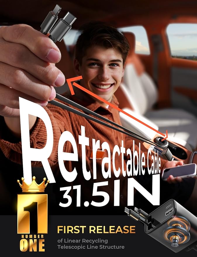 LISEN Retractable Car Charger, 84W Car Charger USB C Fast Charger Adapterfor iPhone, Travel Essentials Car Accessories for Men Women, Gifts for Fathers Day for Men Women for iPhone 17 16 15 14 13 12