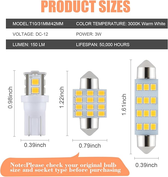 iFunyLED 24 Pieces Dome Light LED Car Interior Bulb Kit Set 194 T10 DE3175 578 31mm 42mm Bulbs Interior Replacement Lights for Car Map License Plate Door Side Marker Cornering Trunk Light - Warm White