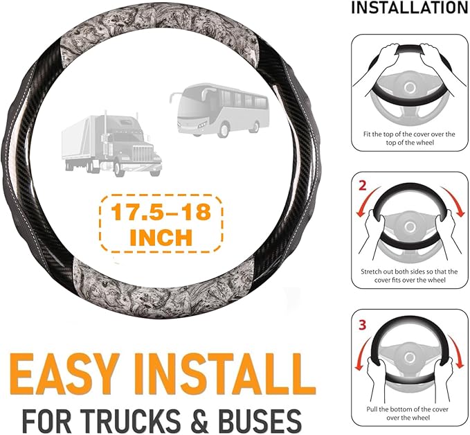 Semi Truck Steering Wheel Cover, 18 Inch Heavy Duty Anti-Slip Grip | Fits most 17.5-18 in semi truck, bus and RV wheels; X-large heavy duty cover with anti-slip grip and carbon fiber look