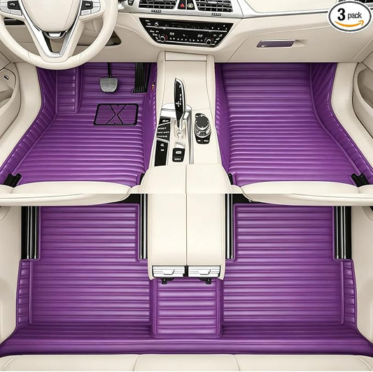 Custom Text + Image Car Mats, One-of-a-Kind Personalized Leather Floor Liners, All-Weather Full Set for Sedan SUV Truck Van(Purple)