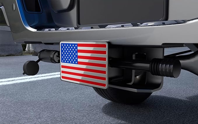 Heavy American Flag Metal Trailer Hitch Cover for 2" inch Receivers,Tow Hitch Covers 2 Inch for Truck Accessories (with 5/8-Inch Pin Diameter Trailer Hitch Lock, Chrome&Red&Blue
