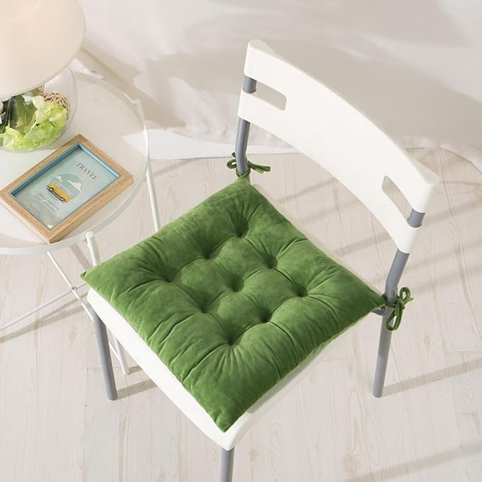2 Pack Square Seat Cushion Chair Pads for Kitchen Dining Chairs, Soft Comfort Velvet Chair Mat Pillow Cushions with Ties for Office Desk Living Room Tatami 15.5", Green