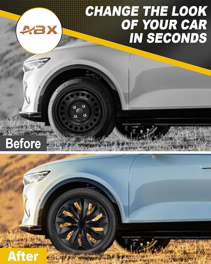 ABX Hubcaps, 16 inch hubcaps Set of 5, Wheel Rim Cover ABS Material, Snap On Car Truck SUV Replacement, for Toyota Camry Nissan Mazda etc, Black