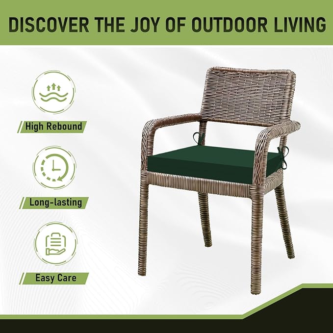 Basic Beyond Outdoor Chair Cushions Set of 6, Square Corner Outdoor Cushions for Patio Furniture, Water Resistant Patio Chair Cushions with 2 Ties, 18.5x16x3, Forest Green