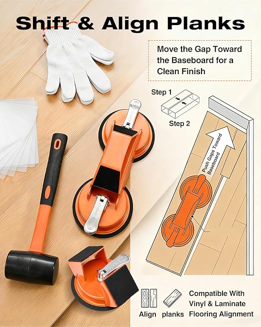 Saker Floor Gap Fixer Tool Kit with Mallet, 20PCS Washable Pads & Gloves, Suction Cup Tool for Laminate Floor Gap Repair, Vinyl Plank & Wood Floors (2 Type Suction Cups+Rubber Mallet)