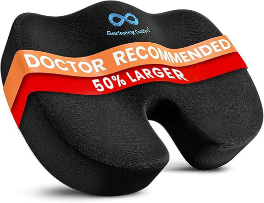 Everlasting Comfort Doctor Recommended Memory Foam Seat Cushion for Office Chairs & Car - Ergonomic Office Desk Accessories - Cushions for Tailbone Pain Relief, Sciatica (Black, X-Large)