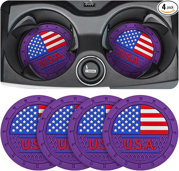 AUCELI 4 Pack Car Cup Holder Coasters, Colored American Flag US Flag Insert Car Cup Coaster, 2.75 Inch Anti Slip Shockproof Embedded Drink Mat, Vehicle Interior Decor Accessories