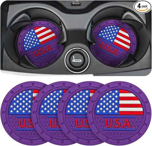 AUCELI 4 Pack Car Cup Holder Coasters, Colored American Flag US Flag Insert Car Cup Coaster, 2.75 Inch Anti Slip Shockproof Embedded Drink Mat, Vehicle Interior Decor Accessories
