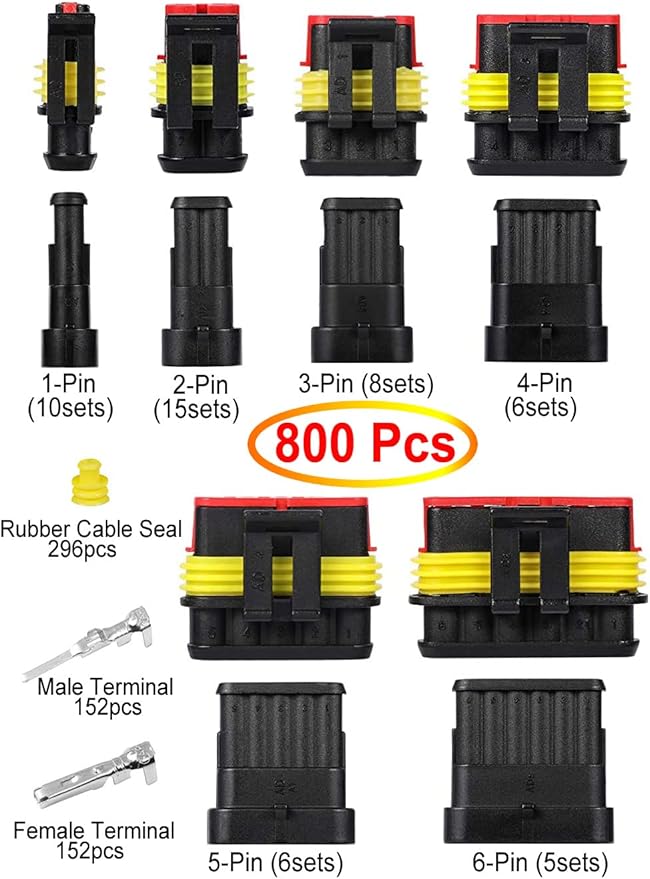800Pcs 50 Sets Waterproof Automotive Electrical Wire Connectors Plug Kit 1/2/3/4/5/6 Pin Waterproof Connectors with Ratchet Crimping Tool