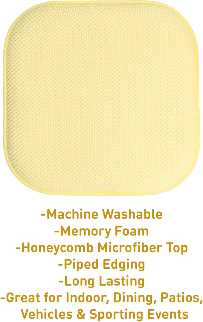 Sweet Home Collection Chair Cushion Memory Foam Pads Honeycomb Pattern Slip Non Skid Rubber Back Rounded Square 16" x 16" Seat Cover, 12 Pack, Yellow
