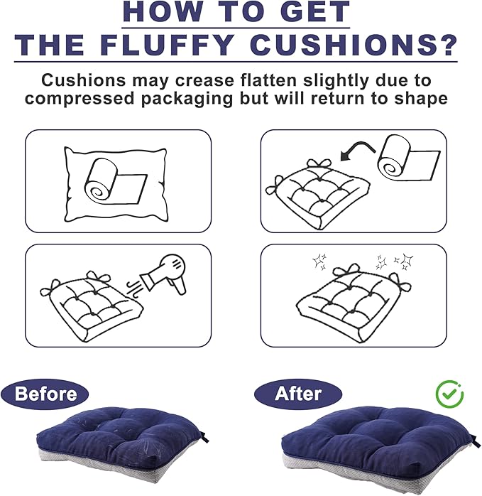 Battilo Chair Cushions Set of 4 for Dining Chairs, Seat Cushions for Kitchen Chairs with Non-Slip Backing, Indoor/Outdoor Waterproof Chair Seat Pads with Ties, 15.5"x15.5"x4", Navy