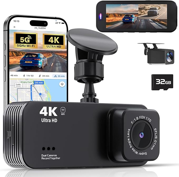 Dash Cam Front and Rear, 4K+1080P Dual Dash Camera for Cars with 5G WiFi, Built-in High-Capacity Storage, Night Vision, G-Sensor, 24H Parking Mode