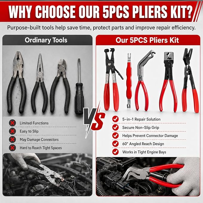 Automotive Electrical Disconnect Pliers Kit 5pc Fuel Line Tool Set Hose Clamp 60° Angled Connector Separator Trim Clip Removal Tools Plug Release & Wire Terminal Remover for Auto Repair
