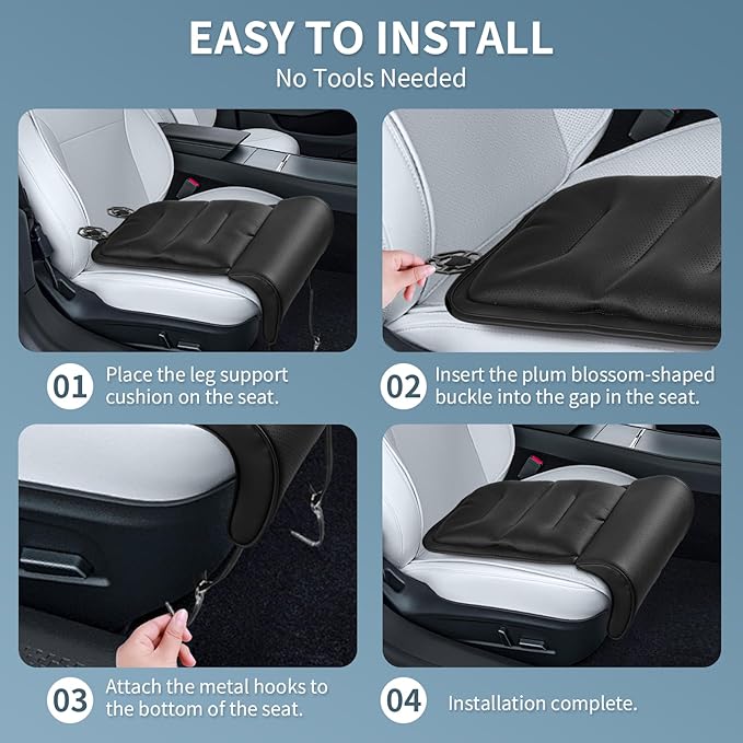 Car Seat Leg Rest Extender with Memory Foam Cushion and Soft Leather Cover - Universal Car & Home Seat Footrest Support for Extended Comfort During Long Trips, Travel, or Relaxation, Black