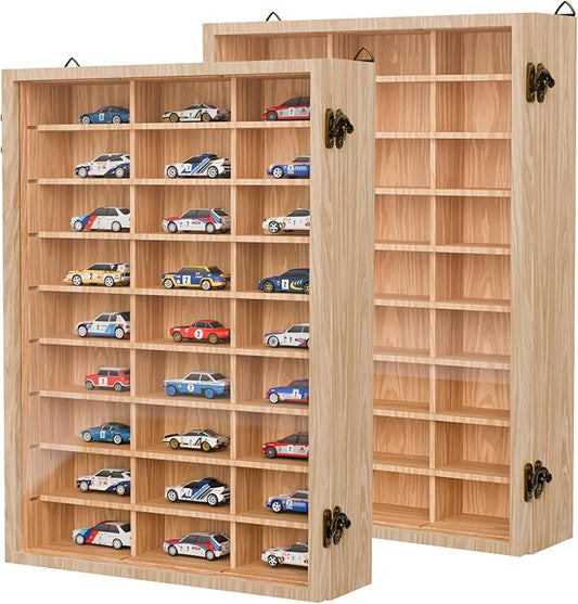 2 Pack Hot Wheels Storage Display Case Wall Mounted, Wooden Hotwheels Toy Car Storage 1/64 Display Case Shelf Organizer for 54 Hot Wheel Model Car (2, WoodColor, Only Case)