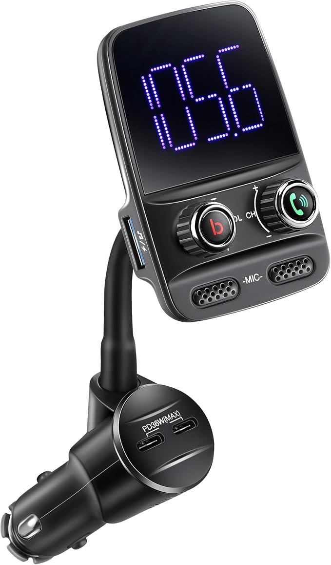 Upgraded Bluetooth FM Transmitter, Wireless Radio Adapter Hands Free Car Kit with 1.7'' Display, QC3.0 and Smart 2.4Amp Dual USB Ports, AUX Input/Output, TF Card Mp3 Player (Black,Pd 30W)
