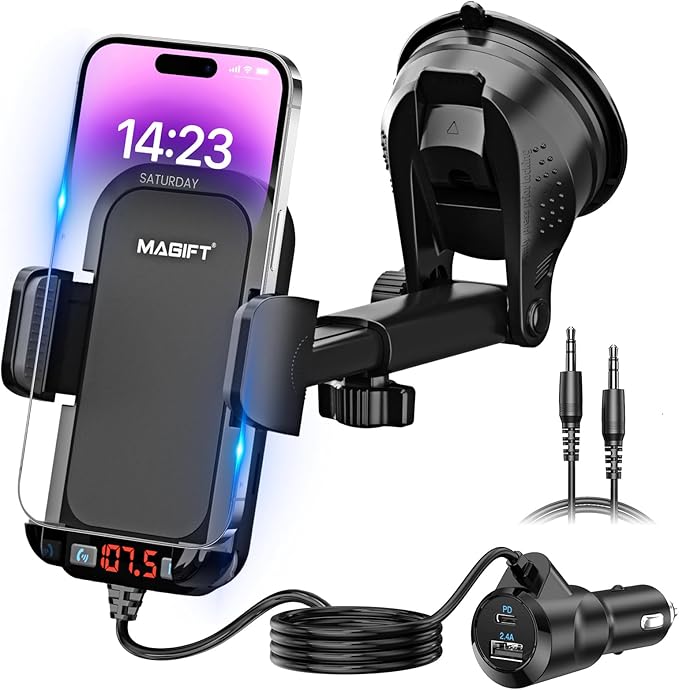 Bluetooth Car Adapter 3 in 1 FM Transmitter Car Radio Bluetooth Transmitter with Phone Holder, PD 36W Fast Charging, Strong Microphone, HiFi Bass Sound, Hands-Free Call, Support USB/TF Drive