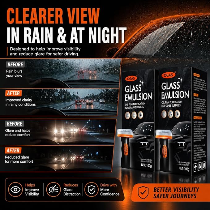 Windshield Oil Film Remover for Car, 2 Pack 100ml Each Roll-On Glass Cleaner Compound with Built-In Cleaning Pad, Helps Remove Road Film, Water Spots, Smudges & Haze, Exterior Auto Glass