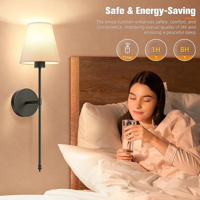 NIORSUN 19.9 inch Battery Operated Wall Sconce Set of 2,Black Rechargeable Wall Lights with 10400mAh Dimmable Detachable Bulbs and Remote,10 Colors Wireless Sconces for Bedroom Living Room Hallway