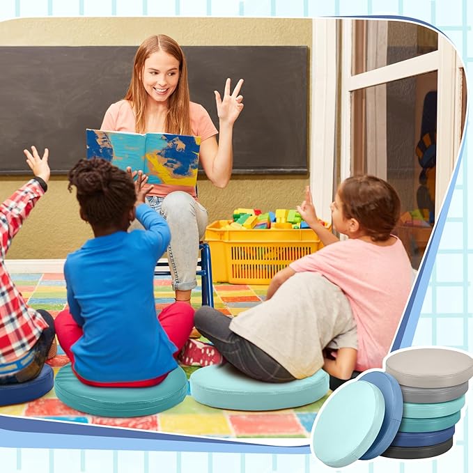 Juexica 8 Pcs Extra Thick Flexible Seating Floor Cushion Assorted Colored Floor Pillow Classroom Seat Cushion Soft Classroom Seating for Kid Learning(Blue Series,13.8 x 13.8 x 2 Inch,Round)