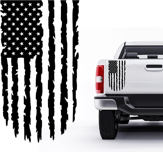 GRITKULTURE Distressed American Flag Vinyl Decal 17 inches by 9 inches for Trucks, Cars, and Windows Compatible with Most Pickup- Rear Graphic USA, US Flag Car Sticker (Black)
