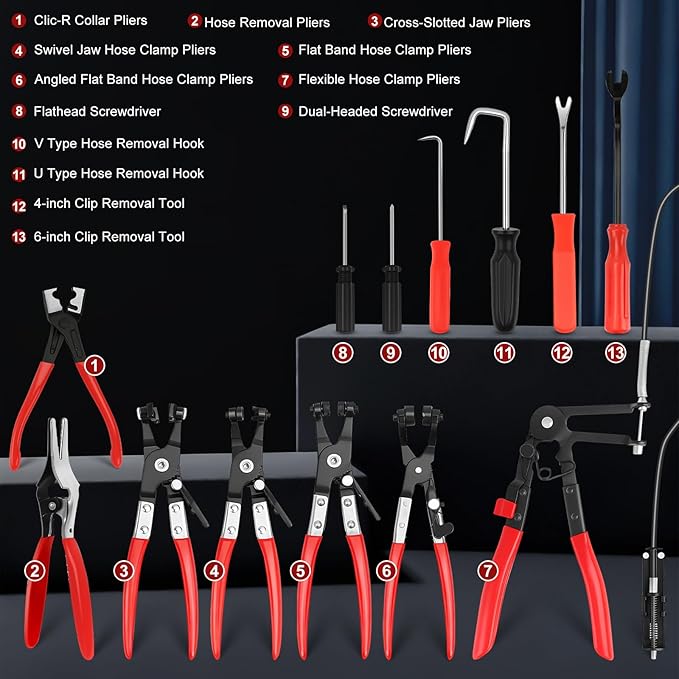 13PCS Hose Clamp Pliers Set, Long Reach Hose Clamp Kit with Box for Automotive Coolant Radiator Heater and Water Hose, with Flexible Wire Clic R Type Swivel Jaw Flat Band Pliers