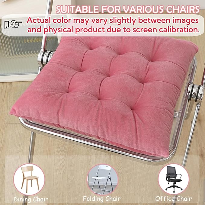 6 Pack Square Seat Cushion Chair Pads for Kitchen Dining Chairs, Soft Comfort Velvet Chair Mat Pillow Cushions with Ties for Office Desk Living Room Tatami 15.5", Pink