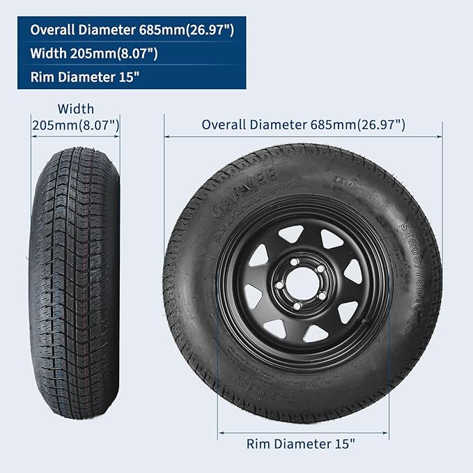 2-Pack Trailer Tire On Rim ST205/75D15 Trailer Tires and Wheels 5 Lug on 4.5 in PCD Trailer Tires with 15 in Rims Load Range C 6PR Black