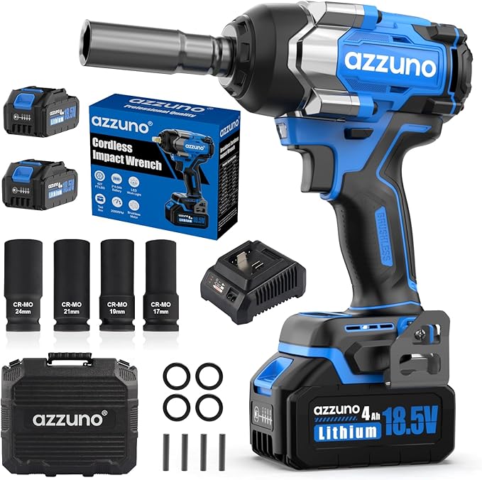 AZZUNO Electric Impact Wrench 737 Ft-lbs(1000N.m) 1/2'' Brushless Cordless Impact Driver with Fast Charger and 2x4.0Ah Battery Powered Impact Wrench Charger & 4 CR-V Sockets for Home Car Truck Tires