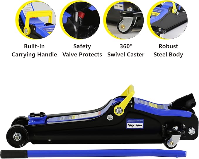 5 Piece Car Truck Floor Jack Service with Jack Stands Tire Repair Kit L-Wrench for Garages, Automotive,Repair Shops, Portable, 4,000 lbs. Capacity, Lifting Range 3.3" - 15.2",Heavy Duty Steel, Blue