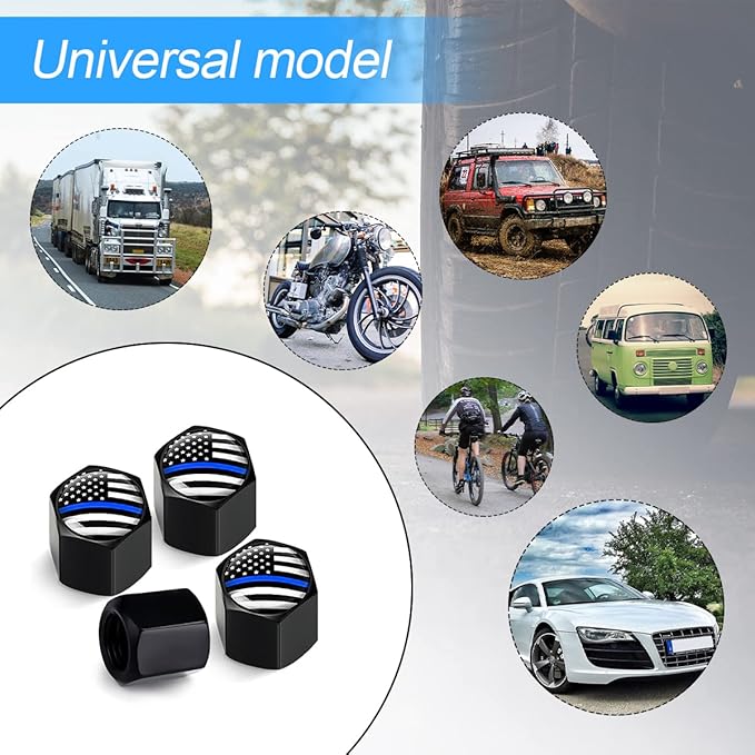 4PCS American Flag Tire Valve Stem Caps for Car, Auto Anti-Rust Airtight Rubber Valve Stem Covers, Leakproof Wheel and Tire Exterior Accessories Universal for Car, Bikes,Vehicles (Black/Blue)