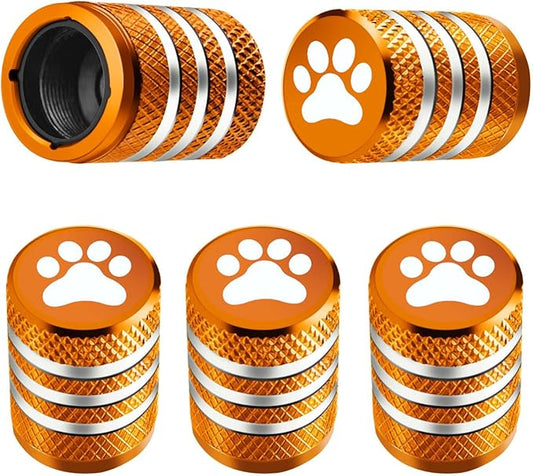 Tire Valve Stem Caps Cover - (5 Pack) Tire Air Caps Metal with Plastic Liner Corrosion Resistant Leak-Proof Dog Paw Print for Car Truck Motorcycle Bike Orange