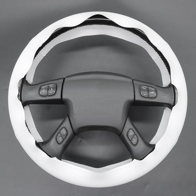 MEWANT Hand Stitched Steering Wheel Cover for Chevy Silverado 1500 2003-2006 DIY White Faux Leather Steering Wheel Wrap