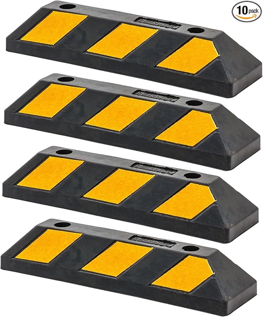 Guardian 10 Pack Parking Stop, 2 Foot Long Flexible Rubber Curb, Highly Visible Accessory with Mounting Holes for Job Sites and Garages, Black/Yellow
