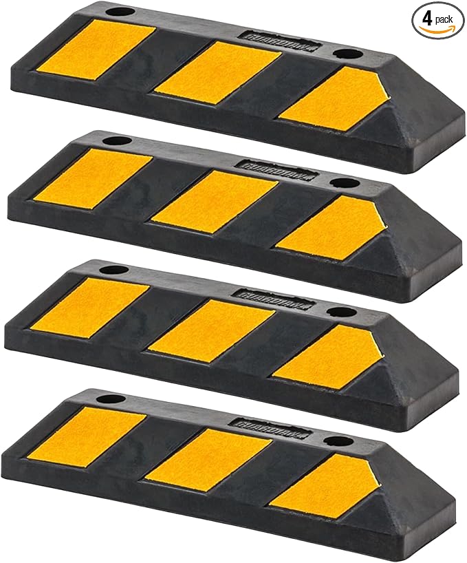 Guardian 4 Pack Parking Stop, 2 Foot Long Flexible Rubber Curb, Highly Visible Accessory with Mounting Holes for Job Sites and Garages, Black/Yellow