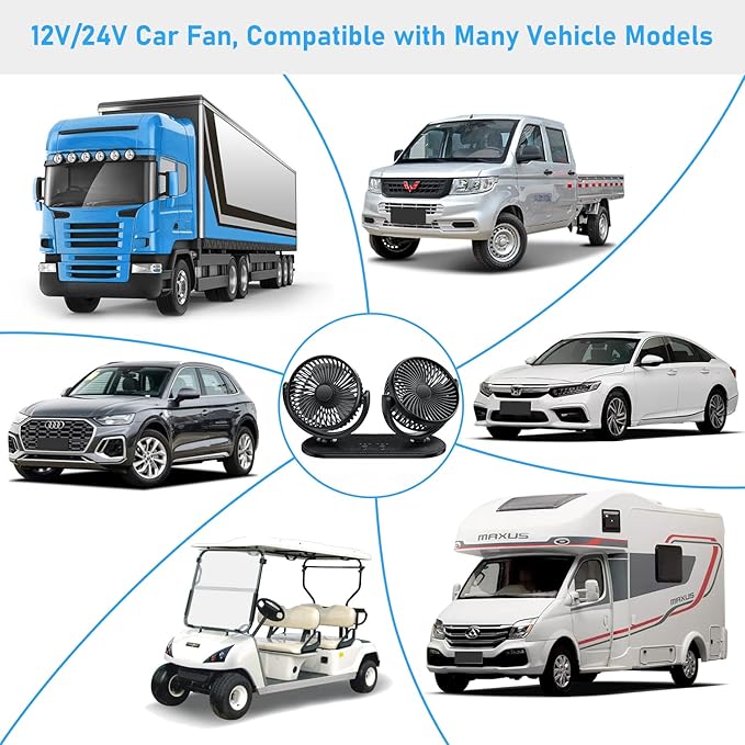 TriPole Car Fan 12V / 24V Portable Auto Cooling Fan Dual Head Rotatable Vehicle Fans 3 Speeds Strong Wind Electric Air Circulation Fans for Car Dashboard Truck SUV Sedan RV Van Boat Golf Cart