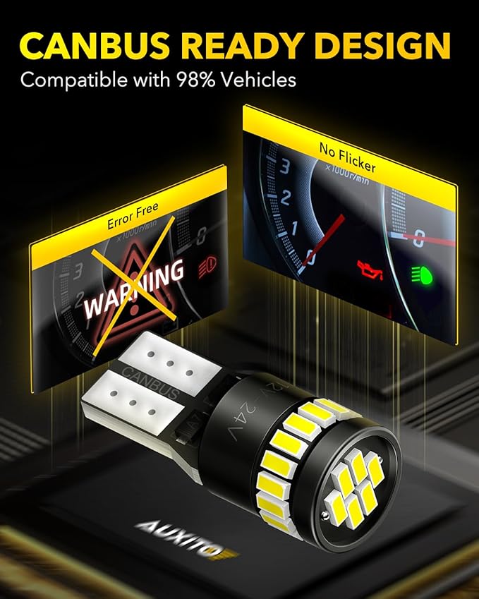 AUXITO 194 LED Light Bulb 6000K White 168 2825 W5W T10 Wedge 24-SMD 3014 Chipsets LED Replacement Light Kit Error Free for Car Interior Dome Map Door License Marker Lights, Pack of 10