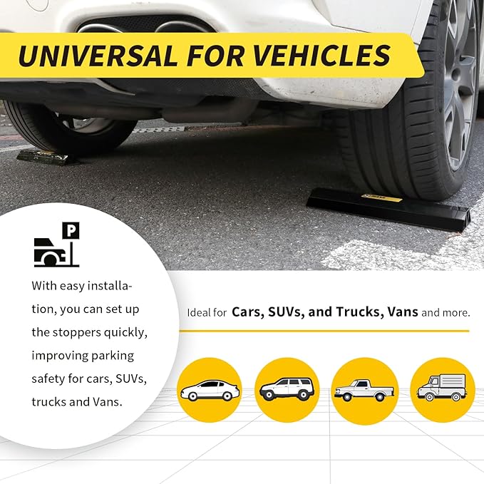 MaxxHaul 51034 16 in. Heavy Duty Car Parking Stoppers 2 Pack Easy Install 16" x 1.8" x 3.8" for Garage and Outdoor Car SUV Truck Eco Friendly Material Reflective Strips