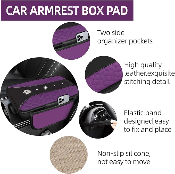 NBTEPEM 6 PCS Bling Car Accessories Set, Leather Steering Wheel Covers Universal 14.5-15 inch, Center Console Cover, Seat Belt Cushion, Cup Holder Coaster (Purple)