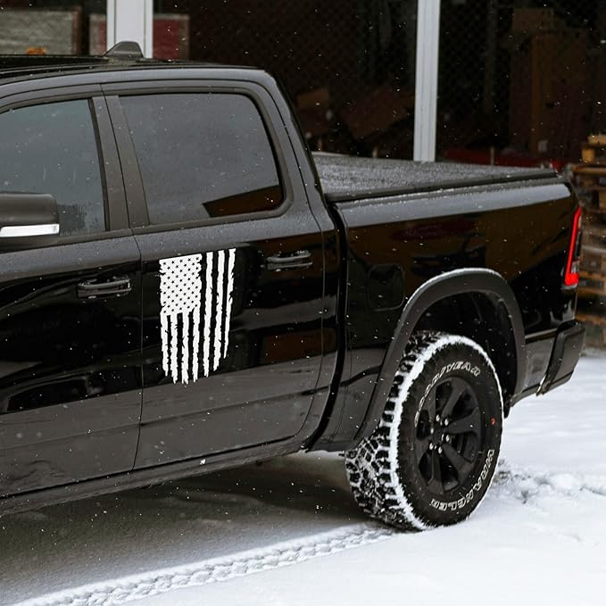 GRITKULTURE Distressed American Flag Vinyl Decal 17 inches by 9 inches for Trucks, Cars, and Windows Compatible with Most Pickup- Rear Graphic USA, US Flag Car Sticker (White)