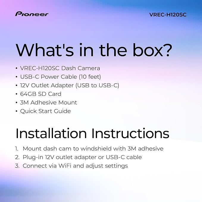 Pioneer VREC-H120SC Compact Dash Camera – Discreet 1.5K Resolution Front Dash Cam for Cars with Impact Detection, 120 Degree Wide Angle Coverage, Built-in WiFi, Companion App, USB-C Easy Install