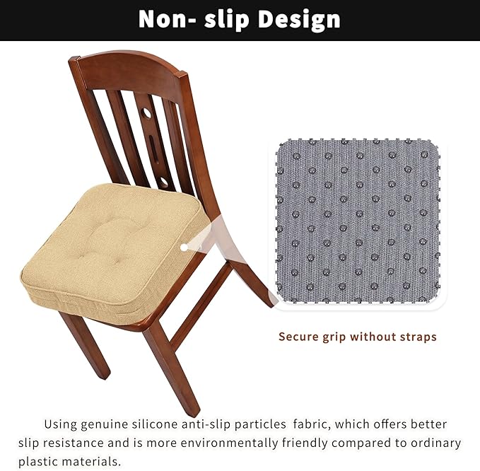 GOFORIT Memory Foam Cushion，Square Seat Cushions for Dining Chairs,Non-Slip Chair Pads with Removable Cover, 16'' x 16'', 4 Pack,Khaki