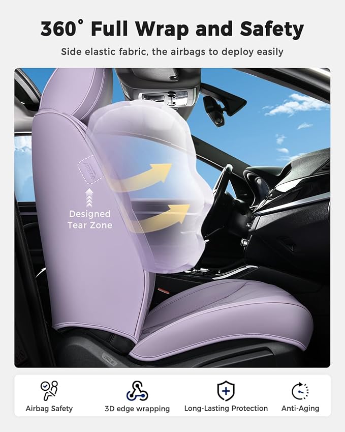 Huidasource Leather Car Seat Covers Full Set, Full Coverage Universal Fit for Most Cars SUVs Trucks, Easy Install with Velcro, Airbag Compatible, Retains Seat Functions & Cupholders, Purple