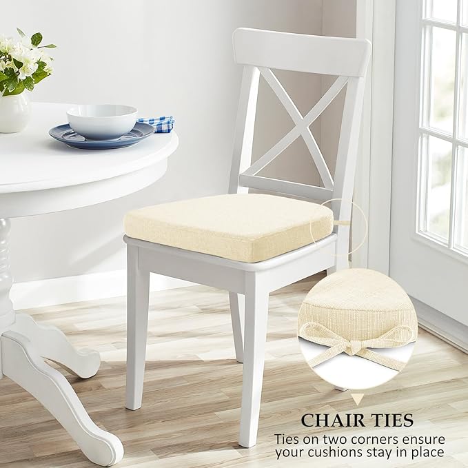 Wellsin Chair Cushions for Dining Chairs 4 Pack - Kitchen Chair Cushions with Ties and Non-Slip Backing - Dining Chair Pads 16"X16"X2", Beige