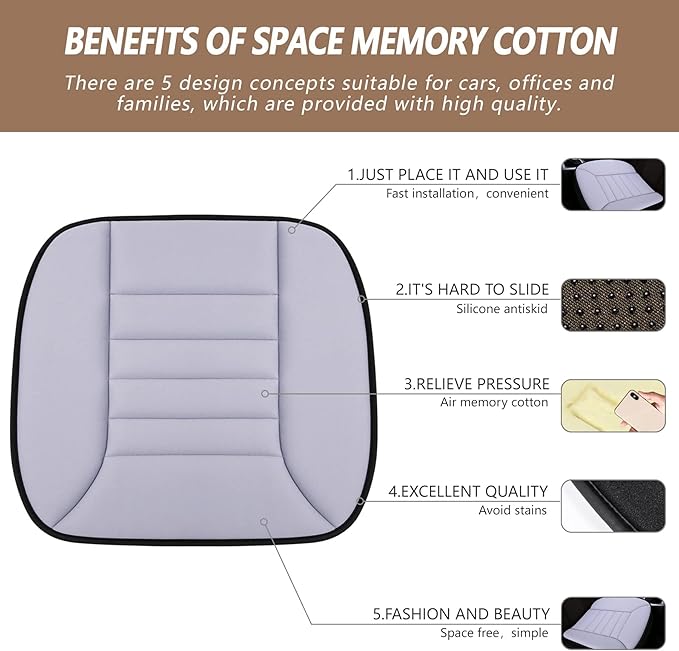 MYFAMIREA 2PCS Car Seat Cushion Pad 1.2" Thick Comfort Seat Protector for Car Driver Seat Office Chair Home Use Memory Foam Seat Cushion with Non Slip Bottom, 20'' x 18.5'', Gray